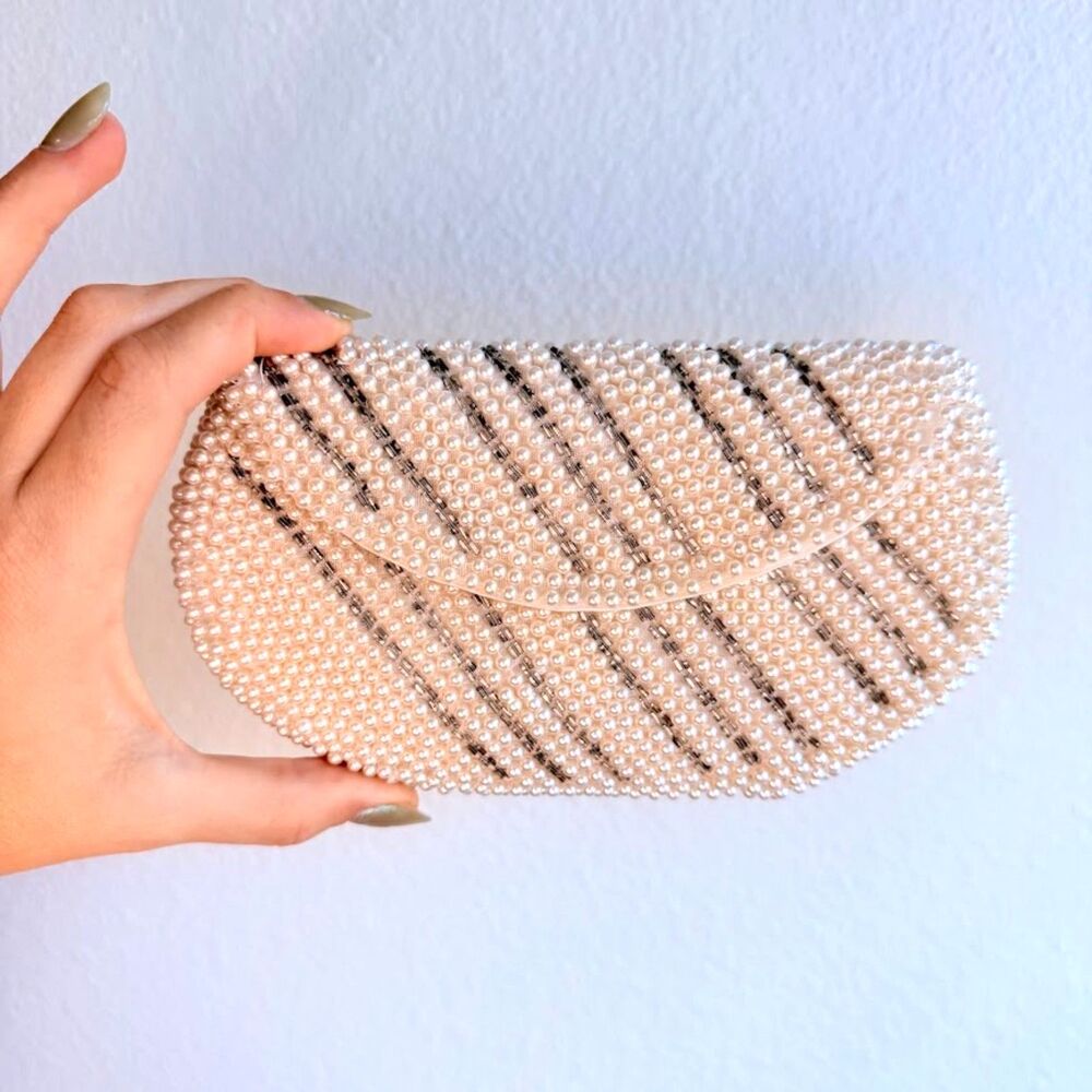 Vintage Japanese Pearl Beaded Mini Clutch Pouch in Cream & Silver, Satin Lining